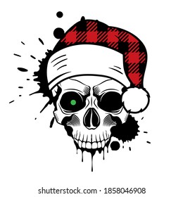 Vector skull with Santa hat. Christmas 2020. Paint splashes and drips. Grunge vector illustration.