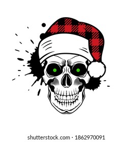 Vector skull with Santa hat. Christmas 2020. Paint splashes and drips on white background. Grunge vector illustration