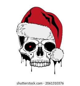 Vector skull with Santa hat, red eyes, and ink drops