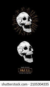 Vector skull set in black background in retro tattoos old school, grunge, punk and gothic style. Hand-drawn vector illustrations in engraving style for Halloween, print, background. Vintage style. 