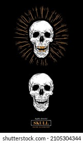 Vector skull set in black background in retro tattoos old school, grunge, punk and gothic style. Hand-drawn vector illustrations in engraving style for Halloween, print, background. Vintage style. 