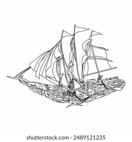 Vector skull ship line art