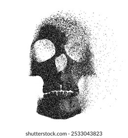 Vector skull silhouette disintegrating into scattered particles fragmented, pixelated effect.