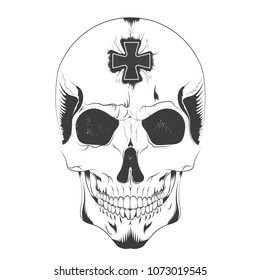 vector skull sketch of a man with a crack in his forehead from which the Maltese cross is visible. isolated on white background