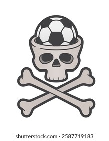 Vector Skull with soccer ball inside, crossbones underneath. Symbol of love for soccer forever. Isolated on white background