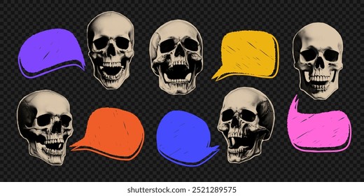 Vector skull with speech bubble isolated on transparent background. Trendy elements with a halftone effect for collage, poster, banner, cover design in y2k style.