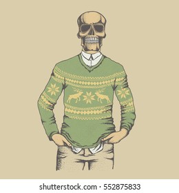 Vector skull in sweater illustration concept. Hand drawn human skull