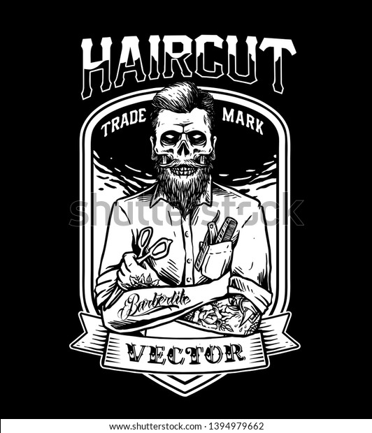 vector of skull tattooed barber man with\
barbershop tools, undercut hairstyle\
man