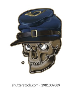 Vector skull with teeth slipping out. the skull using a vintage military hat. Realistic style and high detail. Isolated on white background