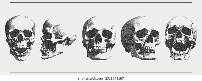 Crânio vetorial. Elementos retrô monocromáticos da moda. Textura pontilhada moderna para arte de design. Colagem y2k definido para cartaz, banner, capa.