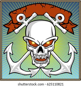 vector of skull with two anchors and ribbon in rope border frame