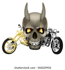 Vector skull vampire monster with fangs flames in front of the background of two motorbike, choppers. Isolated object on a white background, can be used with any image.