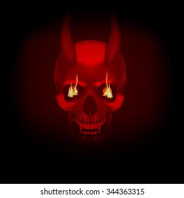 Vector skull vampire monster with fangs flames in eyes a dark red background. It can be used with any image on a black background, or separately.