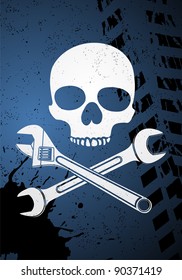 Vector skull with wrenches on blue background