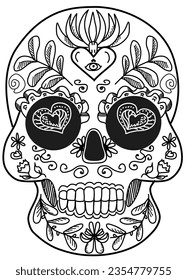 vector skull,hand-drawing black and white . Coloring page	