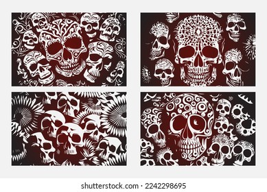 Fondo de los Skulls vectoriales. Ilustración vectorial con varios cráneos en diferentes ángulos nadando en un mar de rosas estilo tatuaje. Gran colección de elementos agrupados individualmente.
