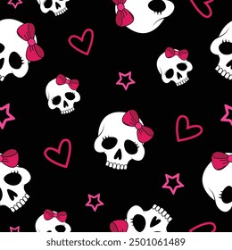 Vector skulls with pink hearts and stars on black background.