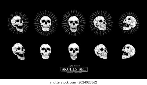 Vector skulls set in black background in retro tattoos old school, grunge, punk and gothic style. Hand-drawn vector illustrations in engraving style for Halloween, print, background. Vintage style. 