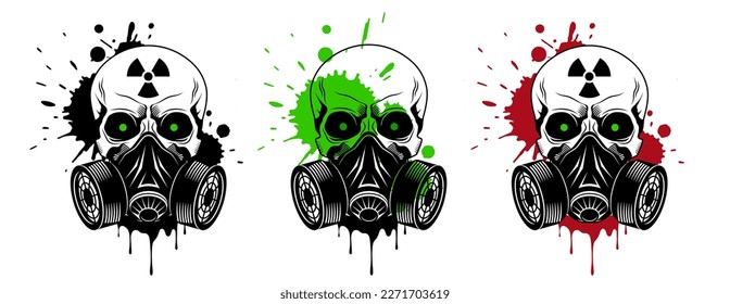 Vector skulls set with gas mask, radiation sign, glowing eyes and paint splashes and drips on white background. Grunge vector illustration