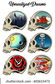 Vector Skulls Set Thought and Unrealized Dreams