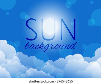 vector sky background with clouds, sun and bokeh