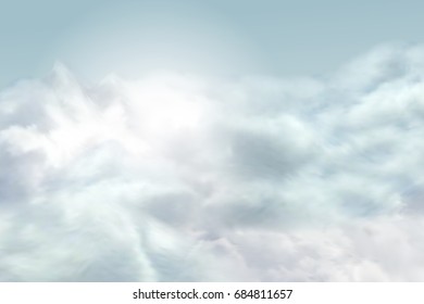 Vector sky background with realistic isolated clouds and bright sun light.