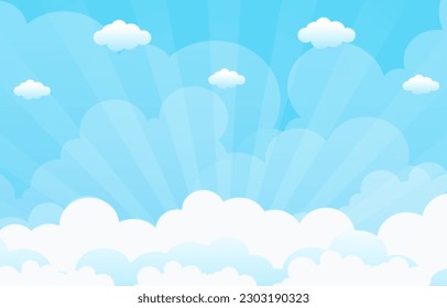 Vector sky with beautiful clouds and sun rays