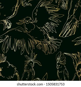 Vector Sky bird cockatoo in a wildlife isolated. Wild freedom, bird with a flying wings. Black and white engraved ink art. Seamless background pattern. Fabric wallpaper print texture.