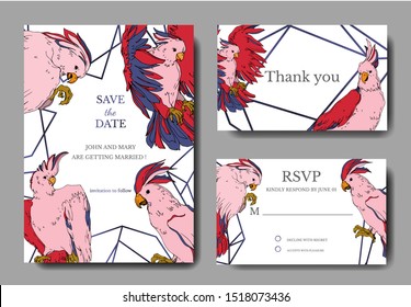 Vector Sky bird cockatoo in a wildlife. Black and white engraved ink art. Wedding background card decorative border. Thank you, rsvp, invitation elegant card illustration graphic set banner.