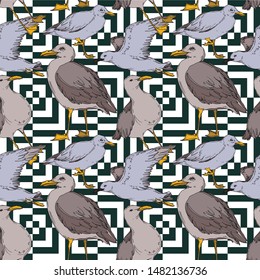 Vector Sky bird seagull in a wildlife isolated. Wild freedom, bird with a flying wings. Black and white engraved ink art. Seamless background pattern. Fabric wallpaper print texture.