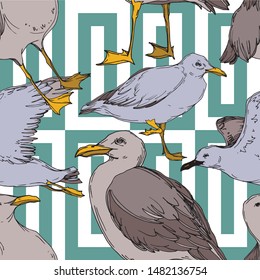 Vector Sky bird seagull in a wildlife isolated. Wild freedom, bird with a flying wings. Black and white engraved ink art. Seamless background pattern. Fabric wallpaper print texture.
