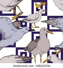 Vector Sky bird seagull in a wildlife isolated. Wild freedom, bird with a flying wings. Black and white engraved ink art. Seamless background pattern. Fabric wallpaper print texture.