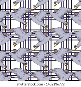 Vector Sky bird seagull in a wildlife isolated. Wild freedom, bird with a flying wings. Black and white engraved ink art. Seamless background pattern. Fabric wallpaper print texture.