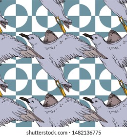 Vector Sky bird seagull in a wildlife isolated. Wild freedom, bird with a flying wings. Black and white engraved ink art. Seamless background pattern. Fabric wallpaper print texture.