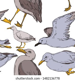 Vector Sky bird seagull in a wildlife isolated. Wild freedom, bird with a flying wings. Black and white engraved ink art. Seamless background pattern. Fabric wallpaper print texture.