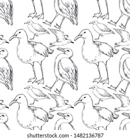 Vector Sky bird seagull in a wildlife isolated. Wild freedom, bird with a flying wings. Black and white engraved ink art. Seamless background pattern. Fabric wallpaper print texture.