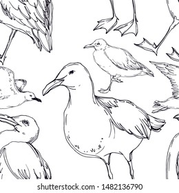 Vector Sky bird seagull in a wildlife isolated. Wild freedom, bird with a flying wings. Black and white engraved ink art. Seamless background pattern. Fabric wallpaper print texture.