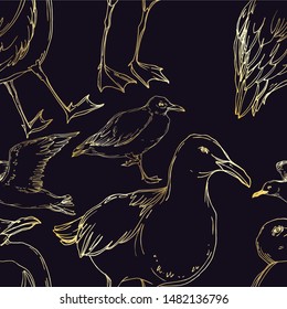 Vector Sky bird seagull in a wildlife isolated. Wild freedom, bird with a flying wings. Black and white engraved ink art. Seamless background pattern. Fabric wallpaper print texture.