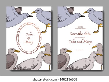 Vector Sky bird seagull in a wildlife. Black and white engraved ink art. Wedding background card decorative border. Thank you, rsvp, invitation elegant card illustration graphic set banner.