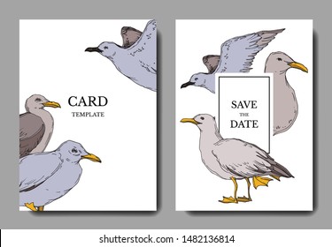 Vector Sky bird seagull in a wildlife. Black and white engraved ink art. Wedding background card decorative border. Thank you, rsvp, invitation elegant card illustration graphic set banner.