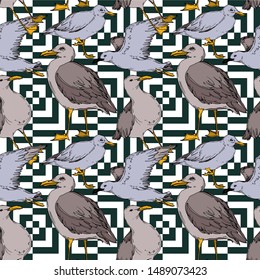 Vector Sky bird seagull in a wildlife isolated. Wild freedom, bird with a flying wings. Black and white engraved ink art. Seamless background pattern. Fabric wallpaper print texture.