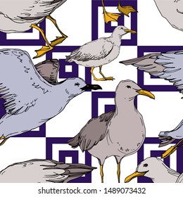 Vector Sky bird seagull in a wildlife isolated. Wild freedom, bird with a flying wings. Black and white engraved ink art. Seamless background pattern. Fabric wallpaper print texture.