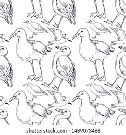 Vector Sky bird seagull in a wildlife isolated. Wild freedom, bird with a flying wings. Black and white engraved ink art. Seamless background pattern. Fabric wallpaper print texture.