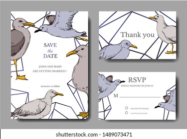 Vector Sky bird seagull in a wildlife. Black and white engraved ink art. Wedding background card decorative border. Thank you, rsvp, invitation elegant card illustration graphic set banner.