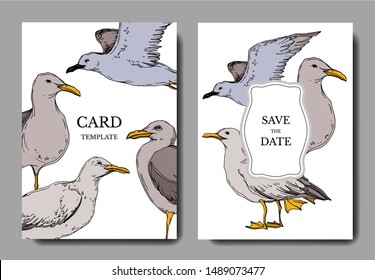 Vector Sky bird seagull in a wildlife. Black and white engraved ink art. Wedding background card decorative border. Thank you, rsvp, invitation elegant card illustration graphic set banner.