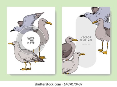 Vector Sky bird seagull in a wildlife. Black and white engraved ink art. Wedding background card decorative border. Thank you, rsvp, invitation elegant card illustration graphic set banner.