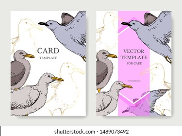 Vector Sky bird seagull in a wildlife. Black and white engraved ink art. Wedding background card decorative border. Thank you, rsvp, invitation elegant card illustration graphic set banner.