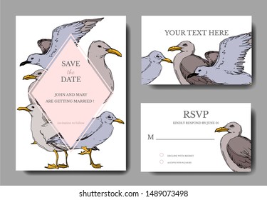 Vector Sky bird seagull in a wildlife. Black and white engraved ink art. Wedding background card decorative border. Thank you, rsvp, invitation elegant card illustration graphic set banner.