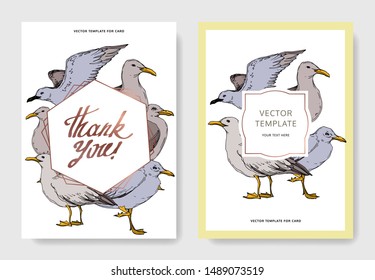 Vector Sky bird seagull in a wildlife. Black and white engraved ink art. Wedding background card decorative border. Thank you, rsvp, invitation elegant card illustration graphic set banner.