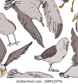 Vector Sky bird seagull in a wildlife. Wild freedom, bird with a flying wings. Black and white engraved ink art. Seamless background pattern. Fabric wallpaper print texture.